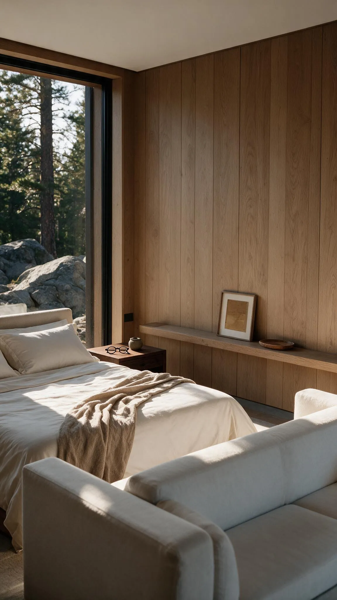 A bedroom with oak panelling and a tall window onto pine trees